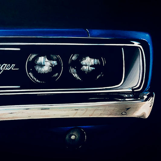 1968 Dodge Charger Hyperrealism Drawing 28"x22" Medium Grain 160g Hand Made with Pencils, Stencils & Professional Markers
