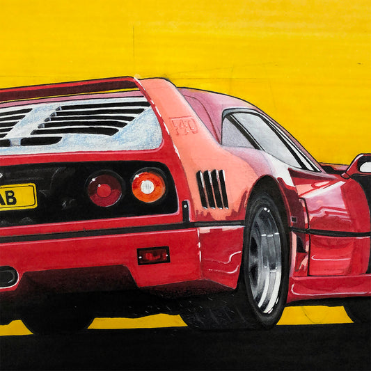 1987 Ferrari F40 Drawing - Hand-Made Sketch, 11" x 17" Dimensions, Unique Artistic Design, Professional Markers, No Frame