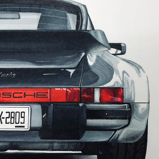 1988 Porsche 911 Turbo 11" x 17" Hand-Made Sketch, Hyperrealism, No Frame, Meticulously Crafted with Color Pencils, Stencils & Professional Markers