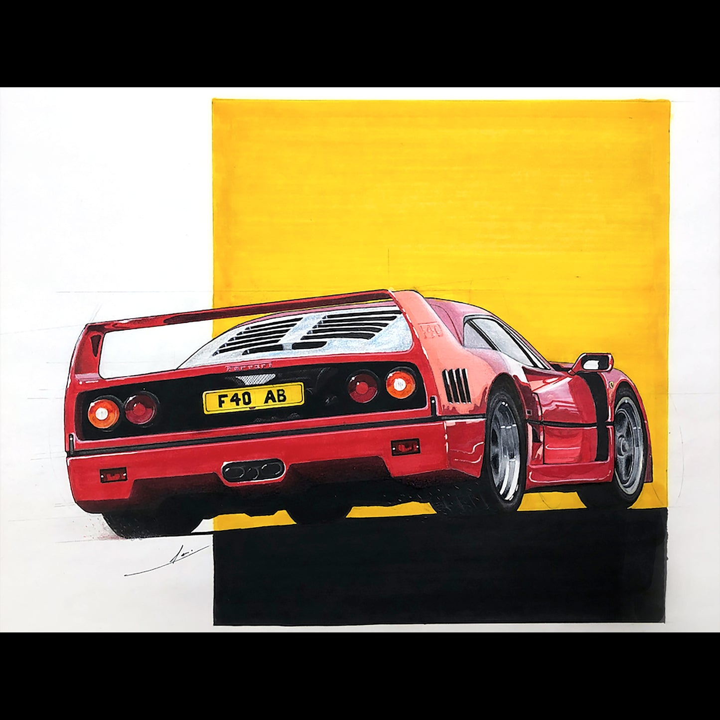 1987 Ferrari F40 Drawing - Hand-Made Sketch, 11" x 17" Dimensions, Unique Artistic Design, Professional Markers, No Frame
