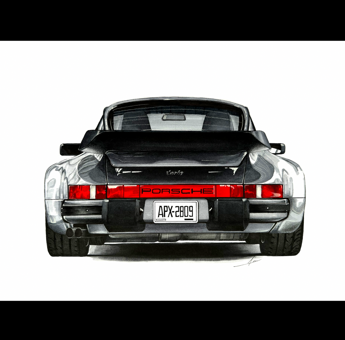 1988 Porsche 911 Turbo 11" x 17" Hand-Made Sketch, Hyperrealism, No Frame, Meticulously Crafted with Color Pencils, Stencils & Professional Markers