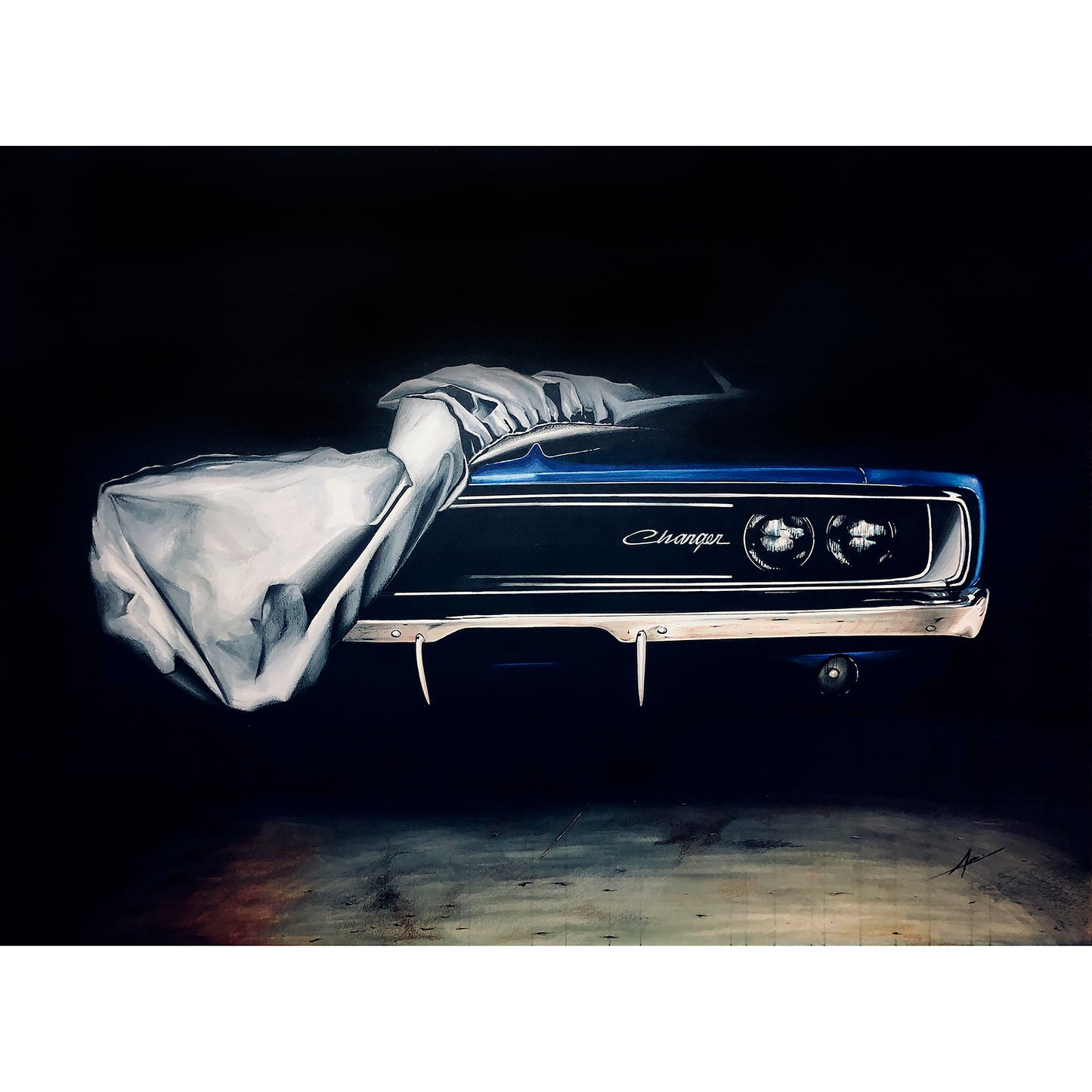 1968 Dodge Charger Hyperrealism Drawing 28"x22" Medium Grain 160g Hand Made with Pencils, Stencils & Professional Markers